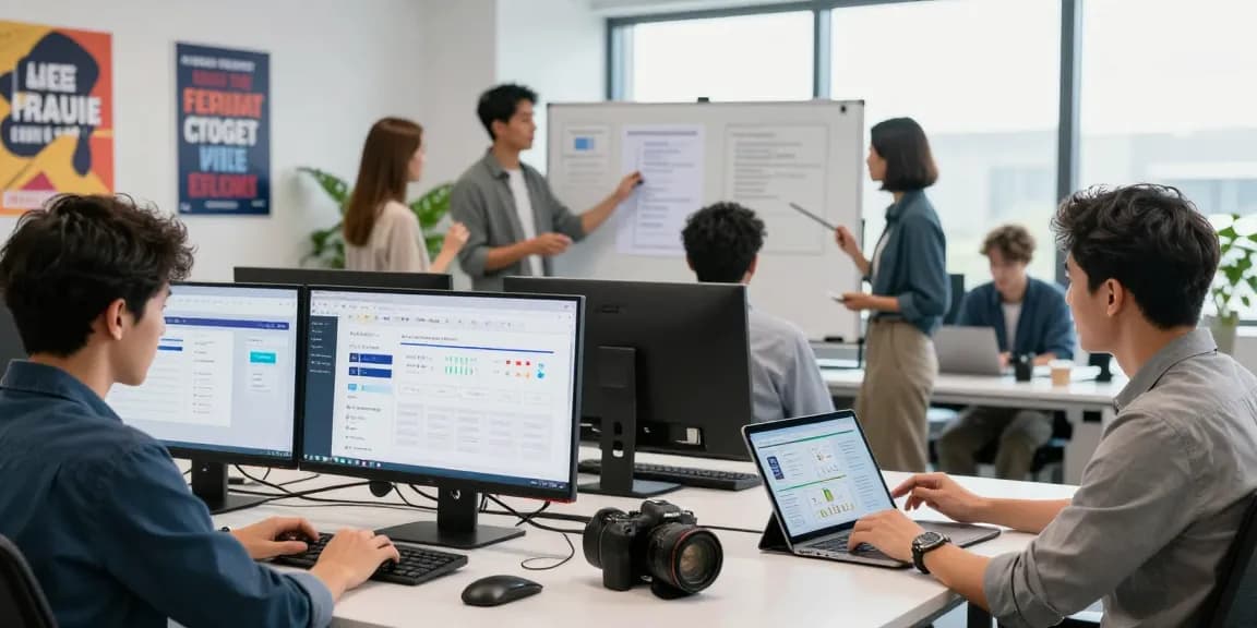 Team collaborating on AI productivity tools in a modern workspace, showcasing advanced technology and teamwork.