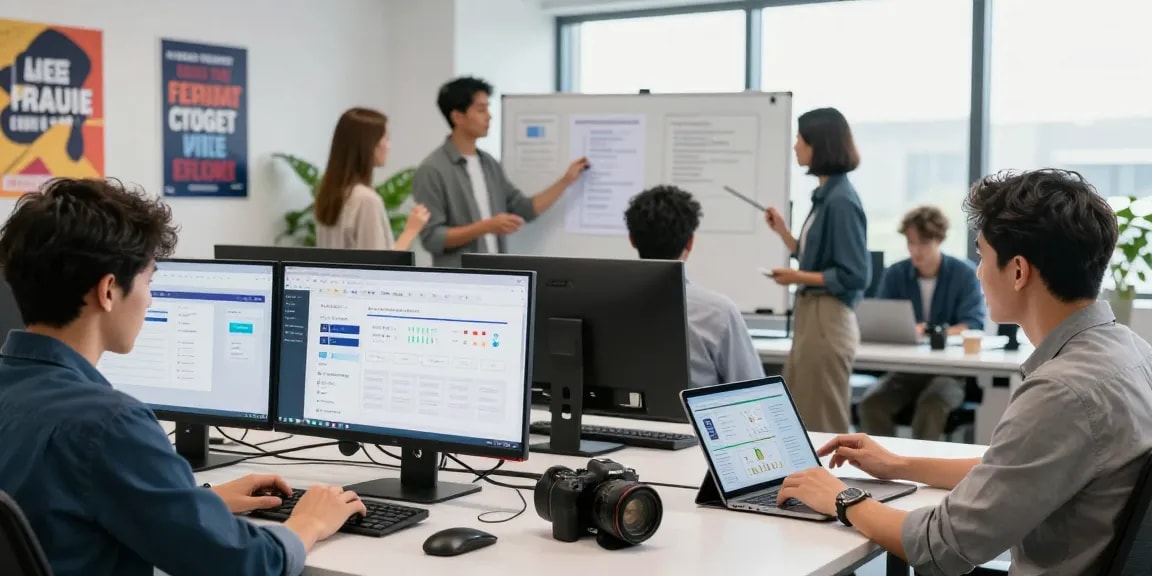 Team collaborating on AI productivity tools in a modern workspace, showcasing advanced technology and teamwork.