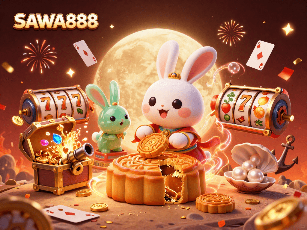 Experience thrilling gameplay at SAWA888 with a whimsical moon rabbit and dynamic casino elements.