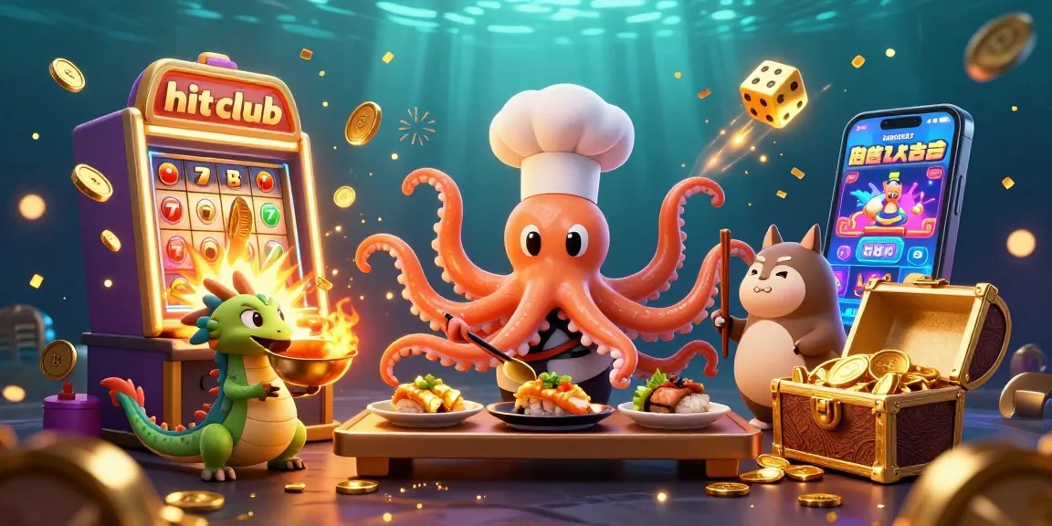 Play the exciting hit club games with dynamic characters and vibrant casino elements in this colorful illustration.
