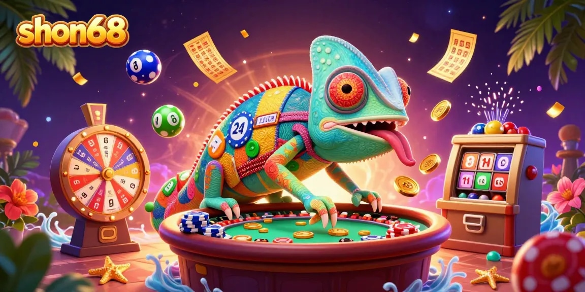 Experience thrilling gaming action at shon68 with an exciting chameleon casino owner surrounded by vibrant lottery elements.