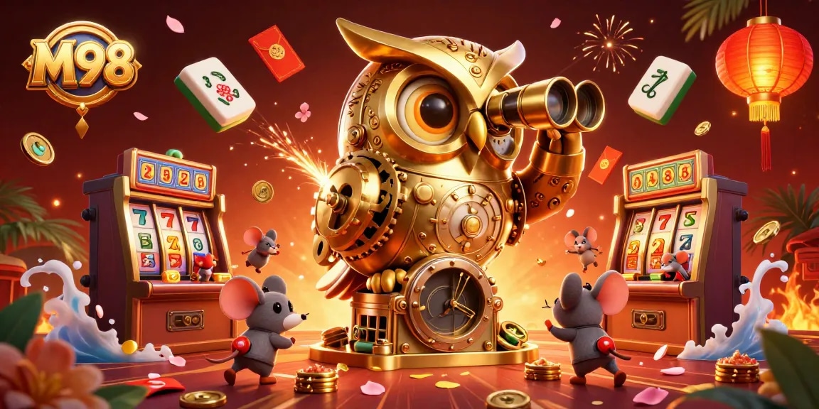 M98 entices players with a vibrant 3D scene of a golden owl overseeing dynamic casino action filled with lucky symbols.