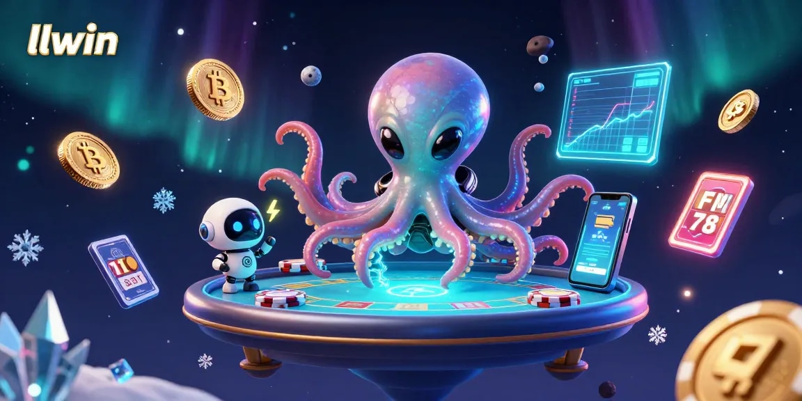 llwin alien octopus at a holographic poker table surrounded by vibrant betting elements.