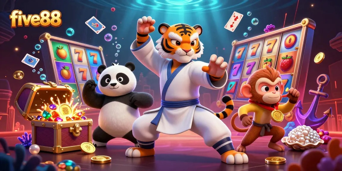 Engage with five88's thrilling animated scene of luck, slots, and fun elements in a vibrant casino world.