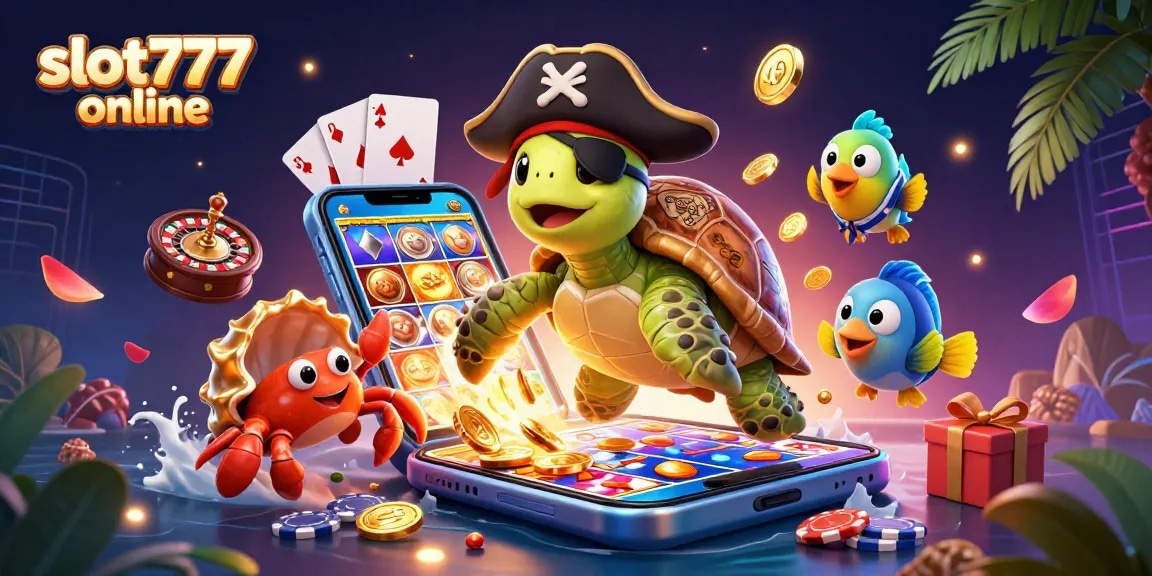 Experience engaging slot777 online adventures with a vibrant 3D illustration of characters and casino elements.