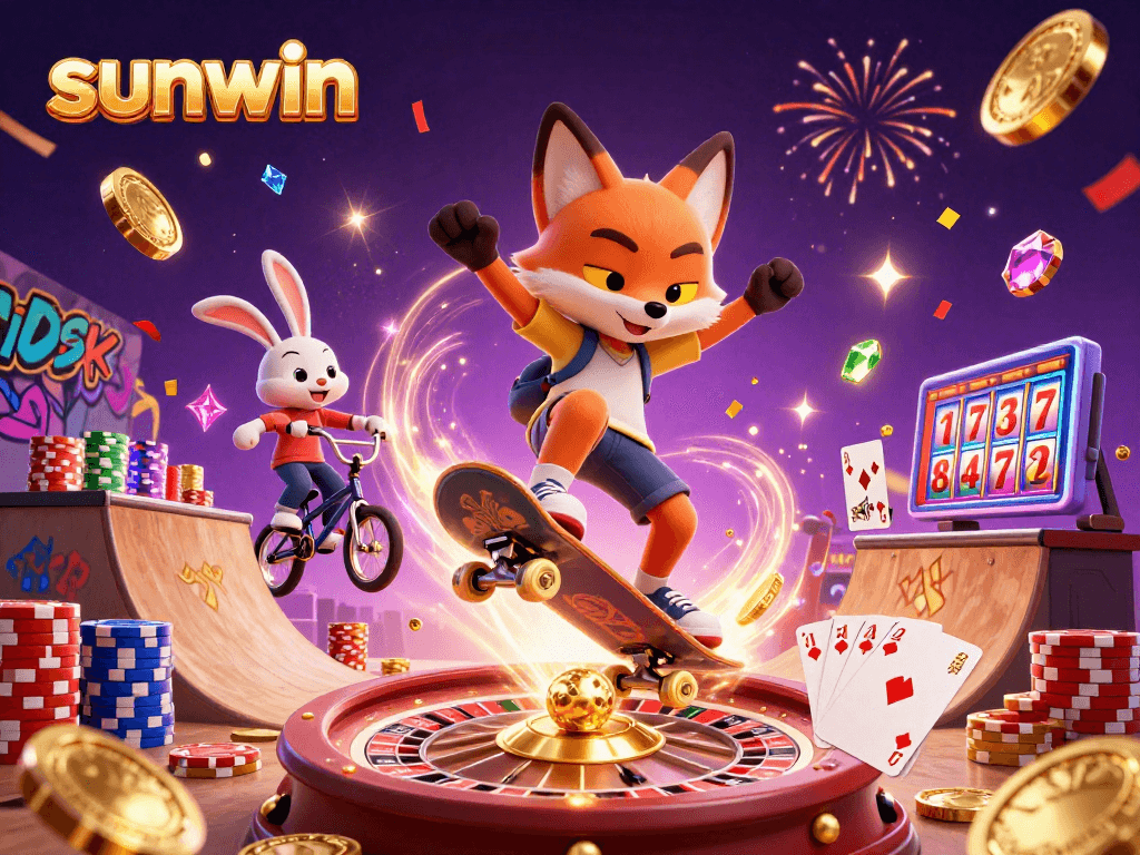 Experience thrilling gameplay with sunwin, featuring a fox and rabbit in a vibrant 3D casino scene.