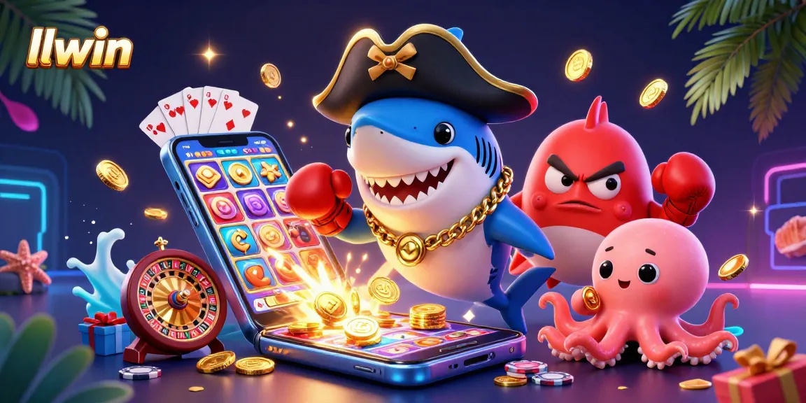 Experience thrilling games on llwin with a pirate shark, pufferfish, and octopus in a vibrant casino scene.