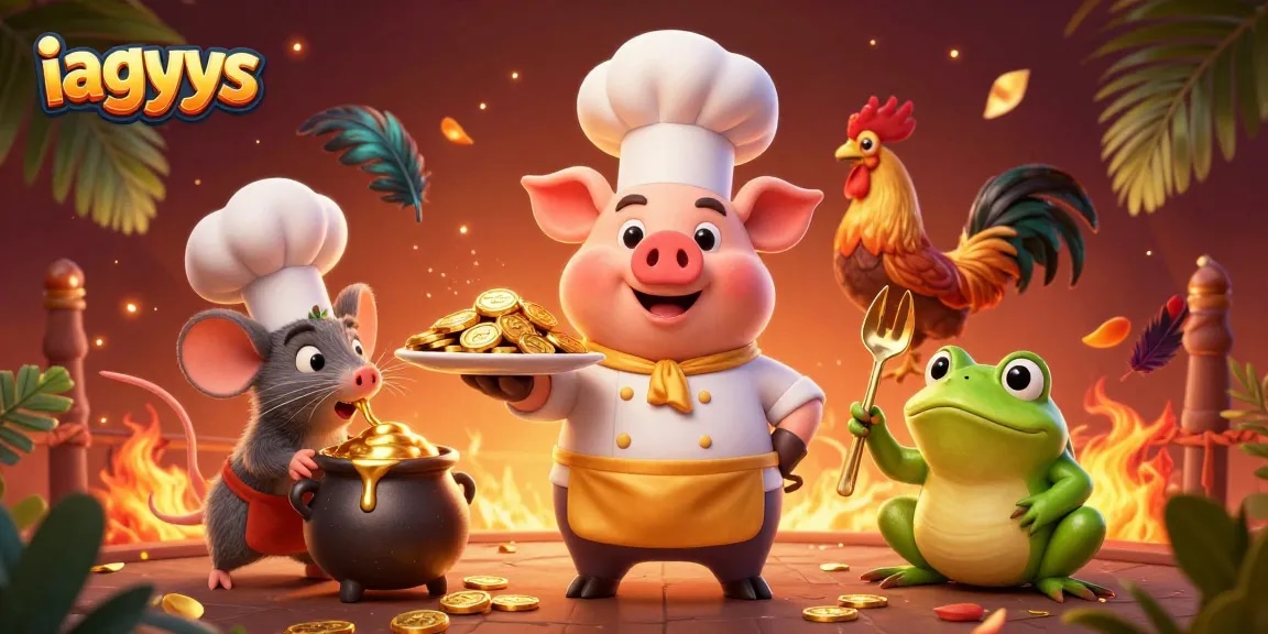 iagyys serves a dynamic cockfighting scene with a chef pig and gold coins.
