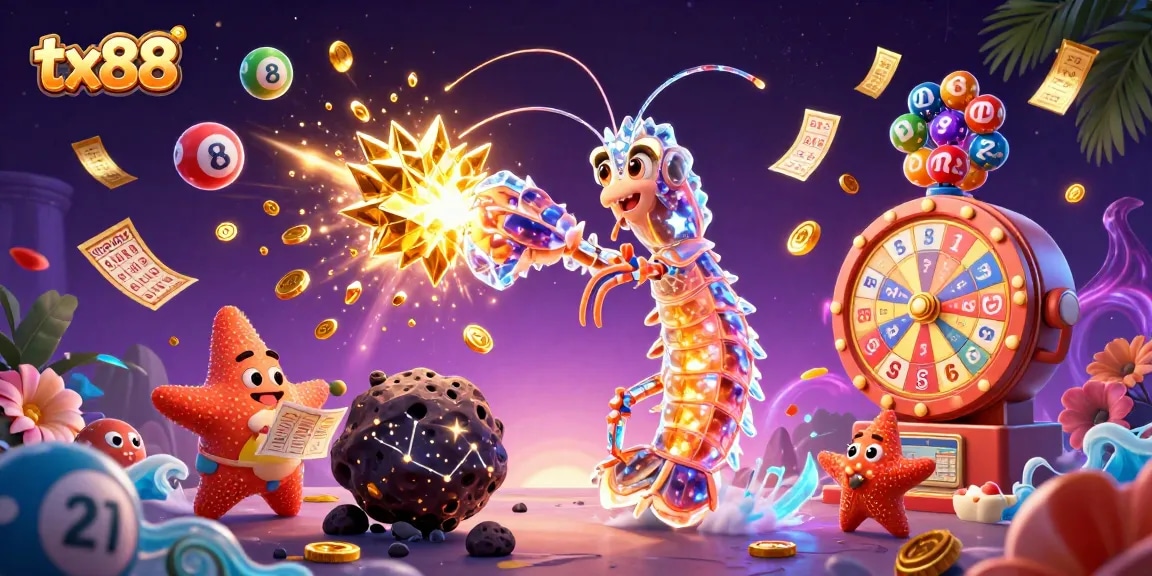 Experience tx88 with a dynamic illustration of a mantis shrimp and starfish in a vibrant casino setting.