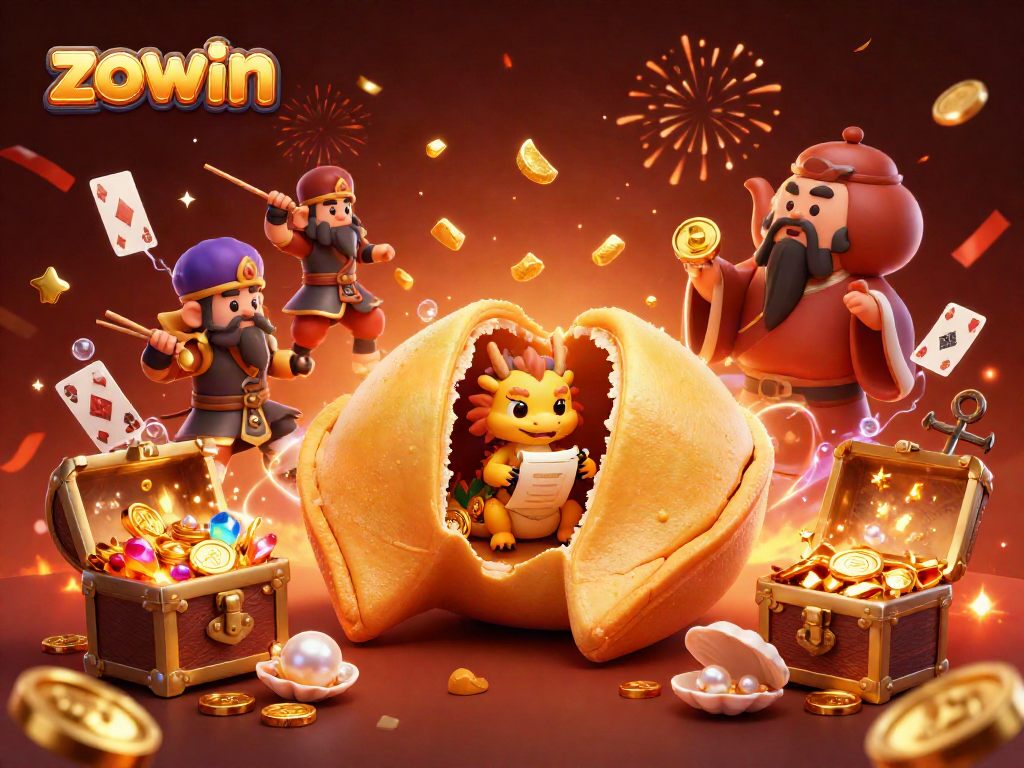 Win big with Zowin and golden fortune cookies in a vibrant casino scene full of action.