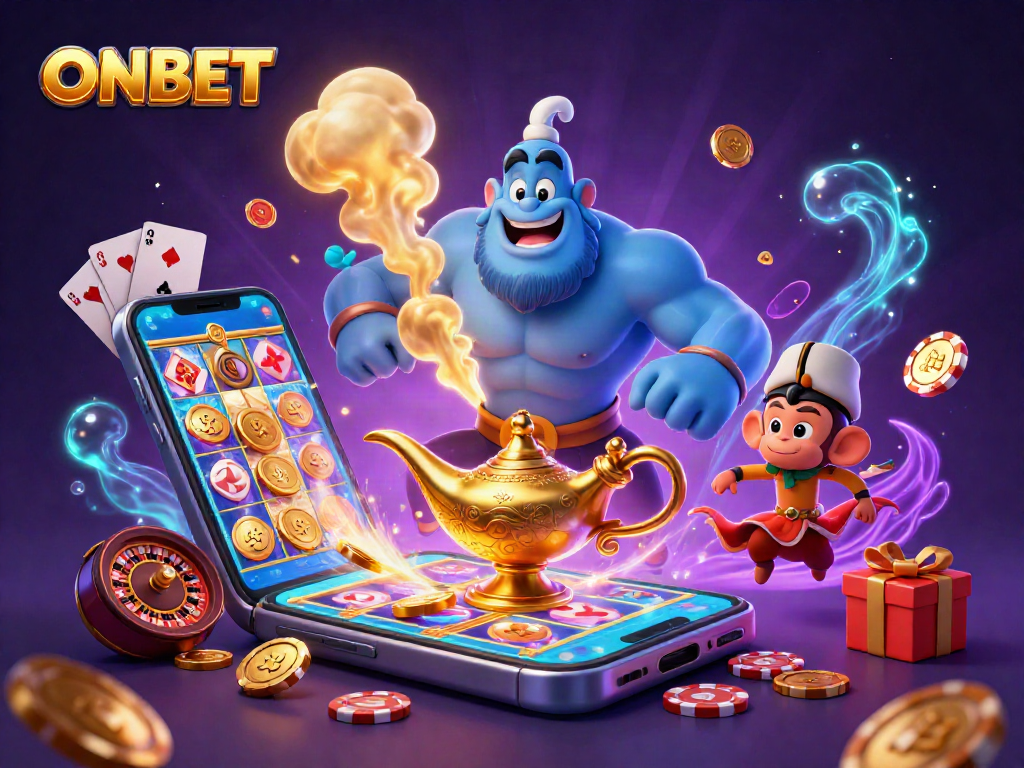 Experience ONBET with a lively genie, fortune, and dynamic casino elements in this detailed gaming illustration.