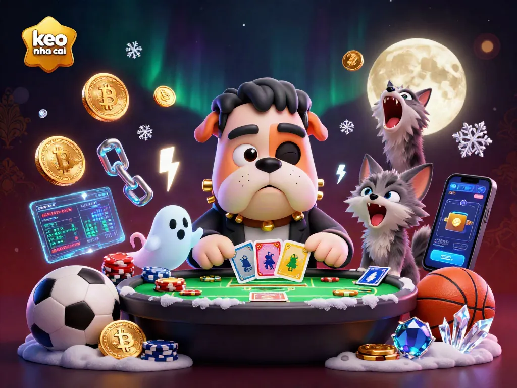 Engage in sports betting with keo nha cai featuring a cartoon Frankenstein bulldog dealer and betting elements.