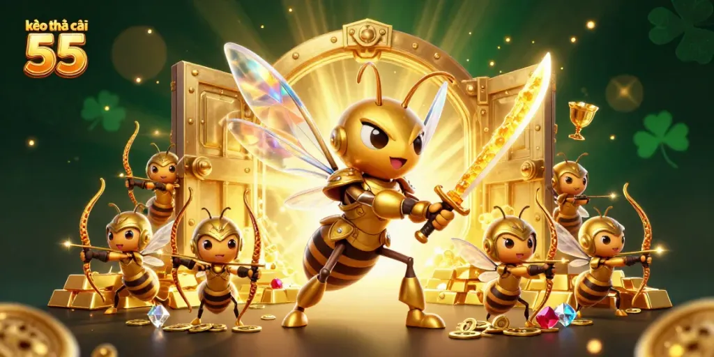 Engage with kèo nhà cái 55 through dynamic 3D casino illustration filled with gold treasures and excitement.