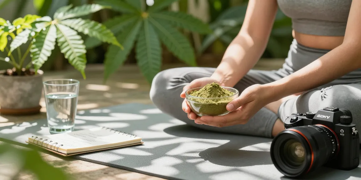 Happy Go Leafy's green maeng da kratom in a serene wellness setting promoting relaxation and vitality.