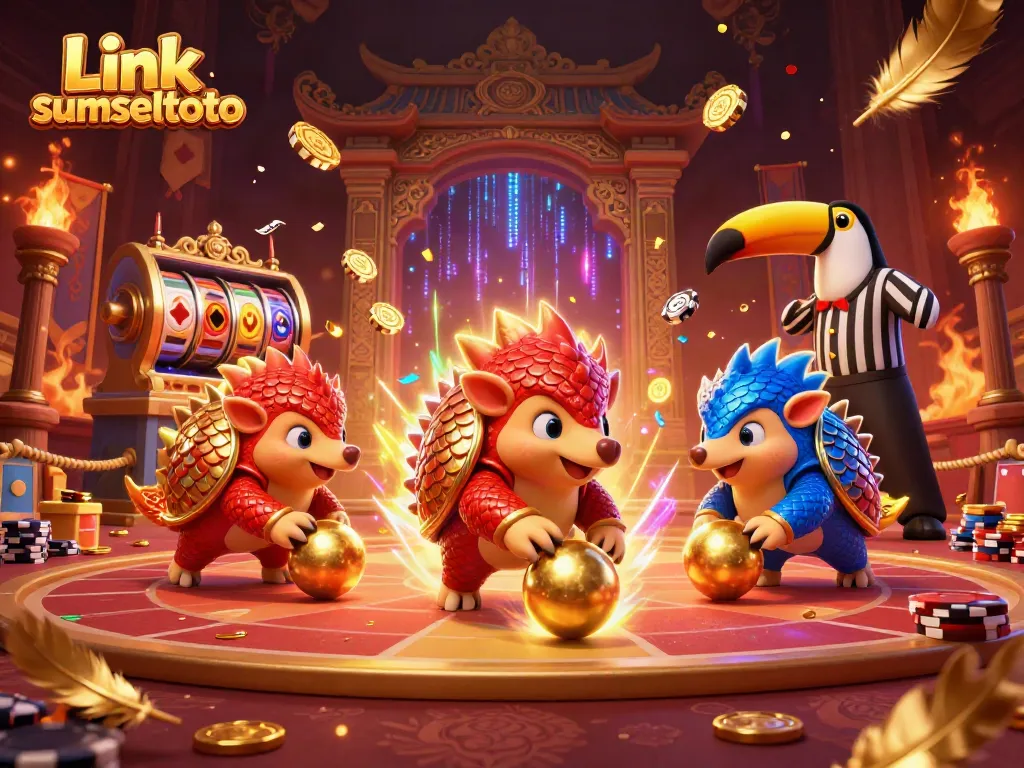 Engage with Link sumseltoto in this action-filled gaming scene with pangolins and casino elements.