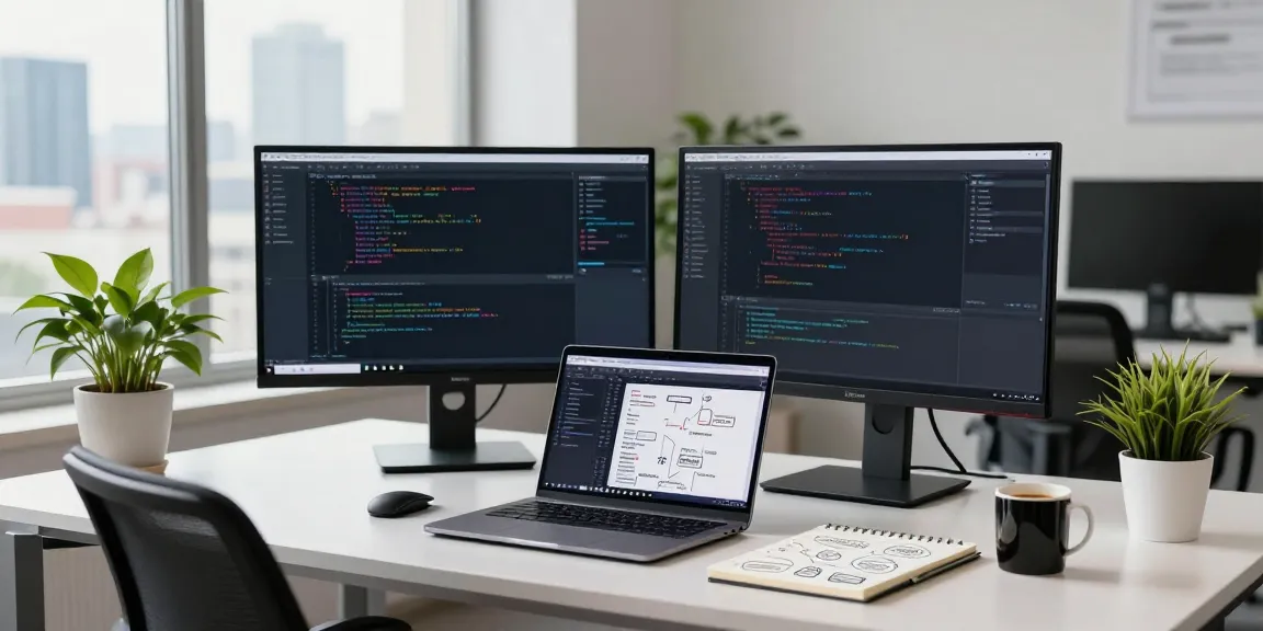 Developer utilizing instant indexing tools in a modern tech workspace with code and design displays.