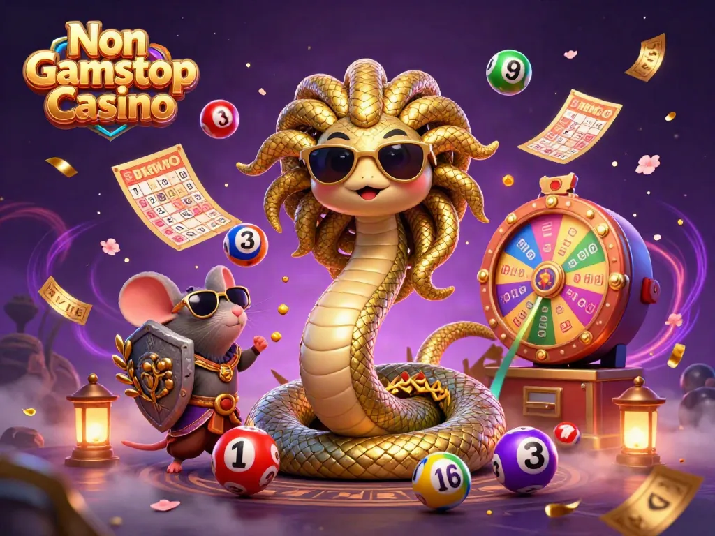 Engaging scene showcasing Non Gamstop Casino with Medusa and a warrior mouse amid vibrant gaming elements.