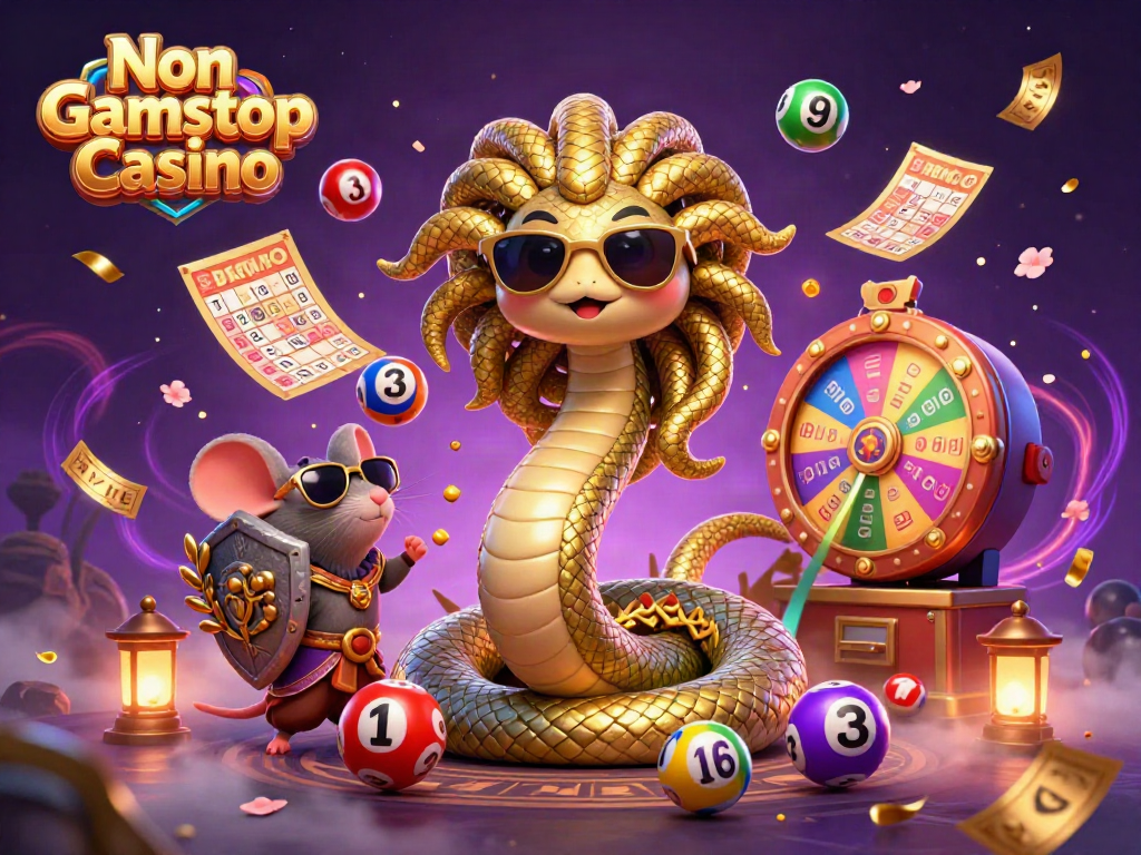 Engaging scene showcasing Non Gamstop Casino with Medusa and a warrior mouse amid vibrant gaming elements.
