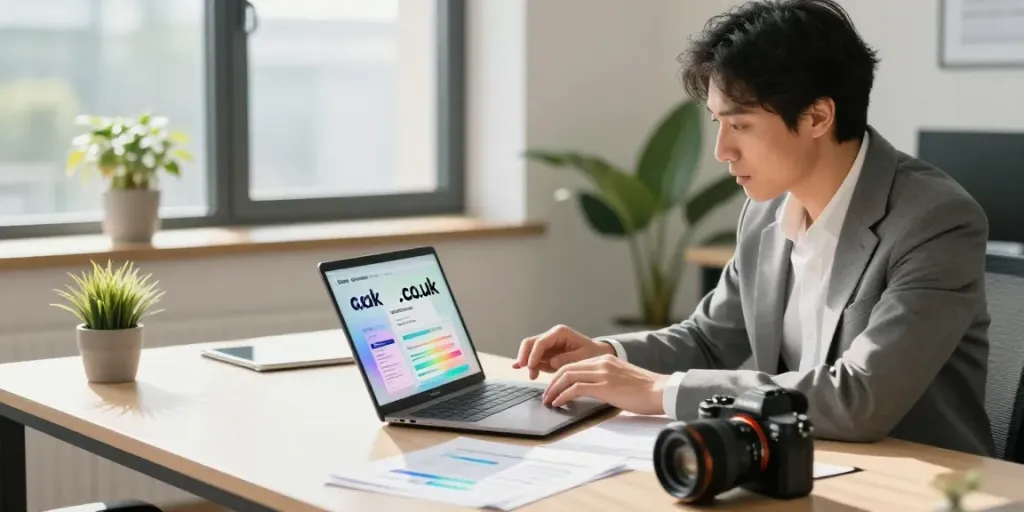 Engaging office scene depicting .co.uk domain registration process with a professional consultant.