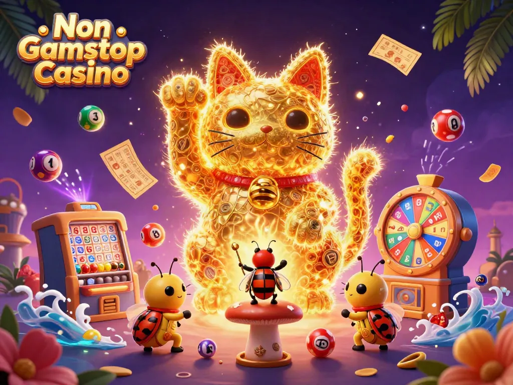 Experience the vibrant world of Non Gamstop Casino with a dynamic lucky cat formed by fireflies.