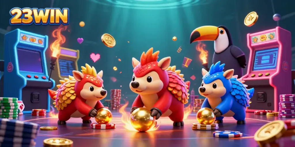 23WIN illustration of competitive pangolins in a vibrant casino scene with poker chips, arcade elements, and bright lighting.