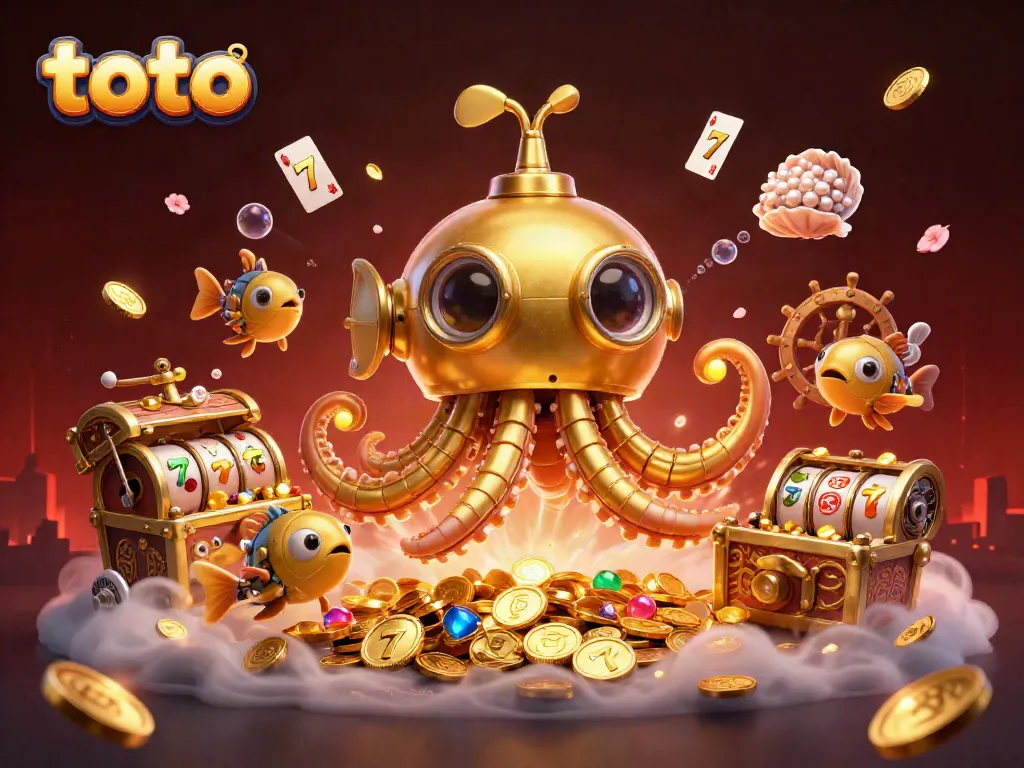 Engage with toto slots amidst vibrant 3D treasure-filled scene featuring mechanical fish and a kraken submarine.