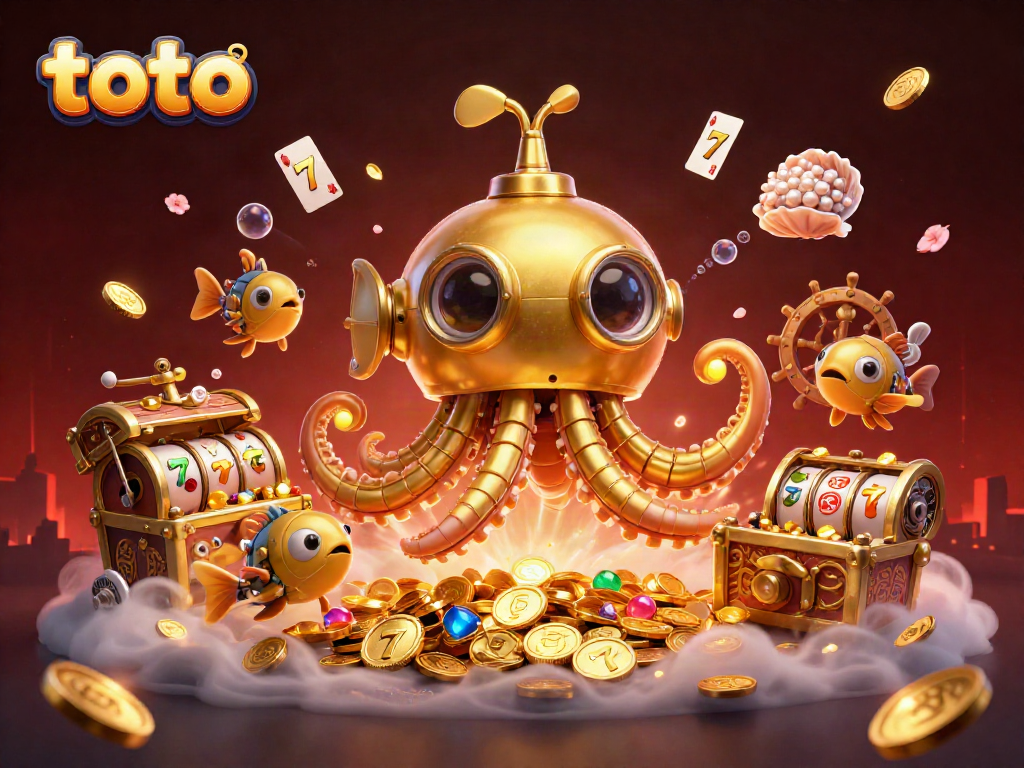 Engage with toto slots amidst vibrant 3D treasure-filled scene featuring mechanical fish and a kraken submarine.