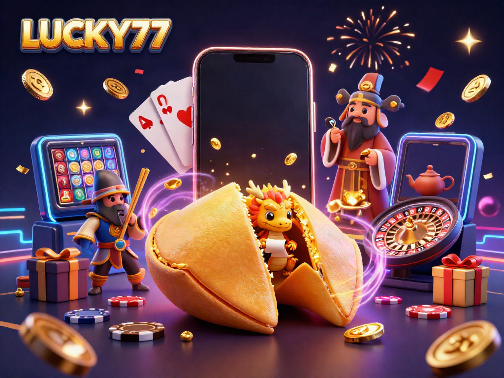 Engage with LUCKY77's winning strategies in an immersive casino scene filled with dragons, fortune cookies, and gaming elements.