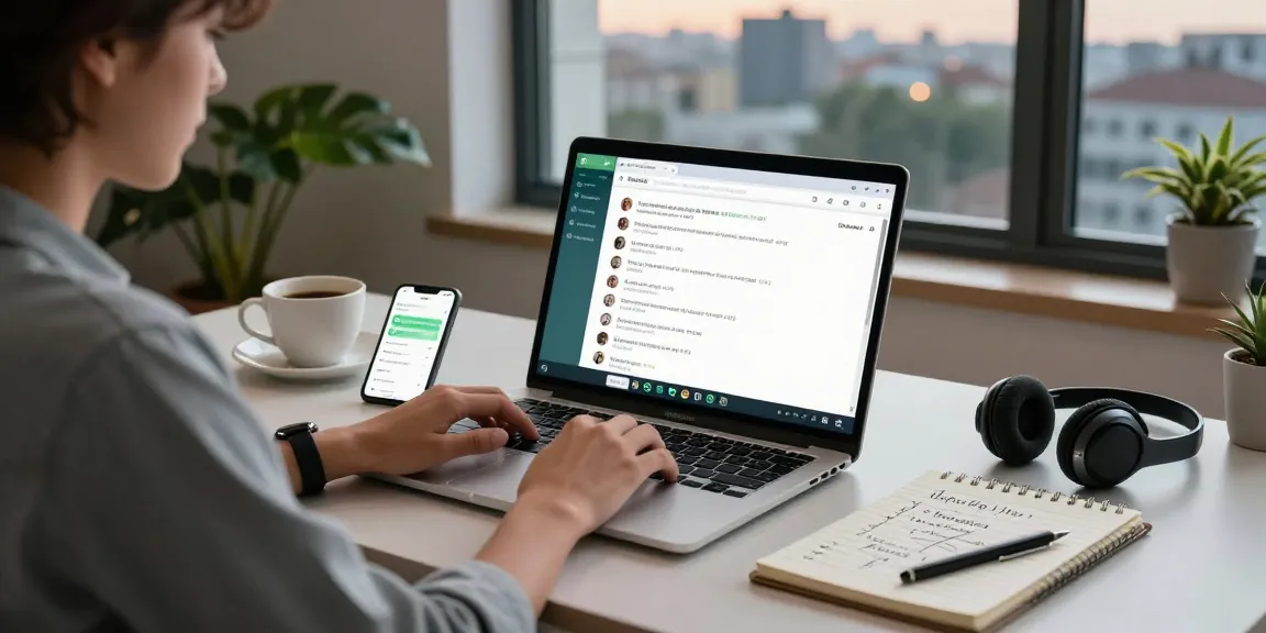 Professional using WhatsApp電腦版 on laptop in a modern home office workspace.