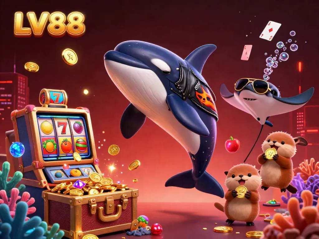 Engage with LV88 through a dynamic cartoon scene featuring an orca, stingray, and sea otters, enriched with casino symbols and treasure.