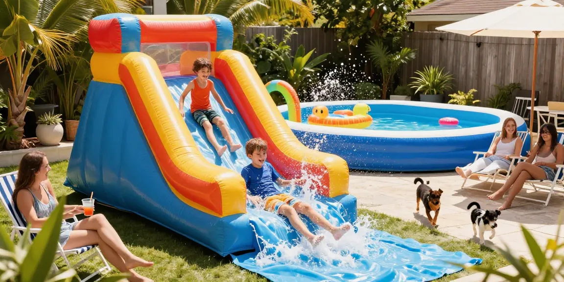 Children enjoying a vibrant inflatable water slide in a sunny backyard.