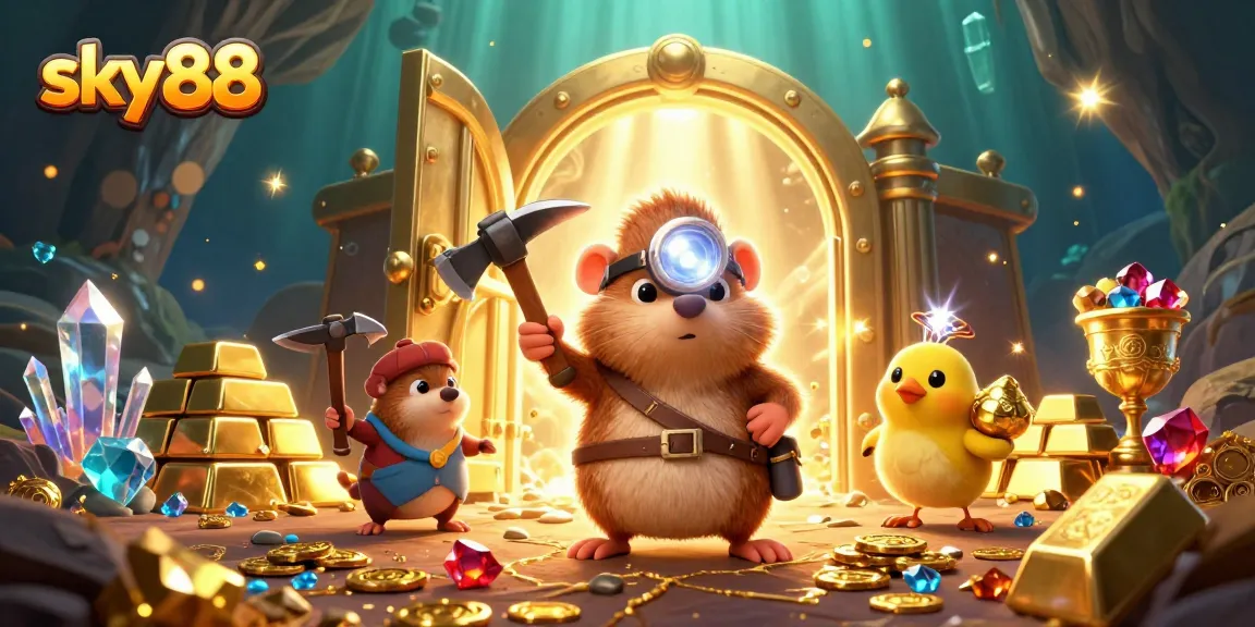 Experience the thrill of sky88 gaming with a treasure hunter mole navigating vast riches and glowing gems.