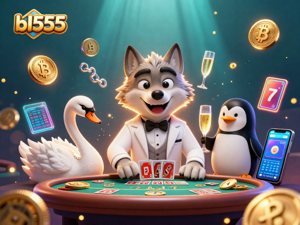 Play at bl555 for thrilling jackpots surrounded by fun cartoon characters and vibrant casino elements.