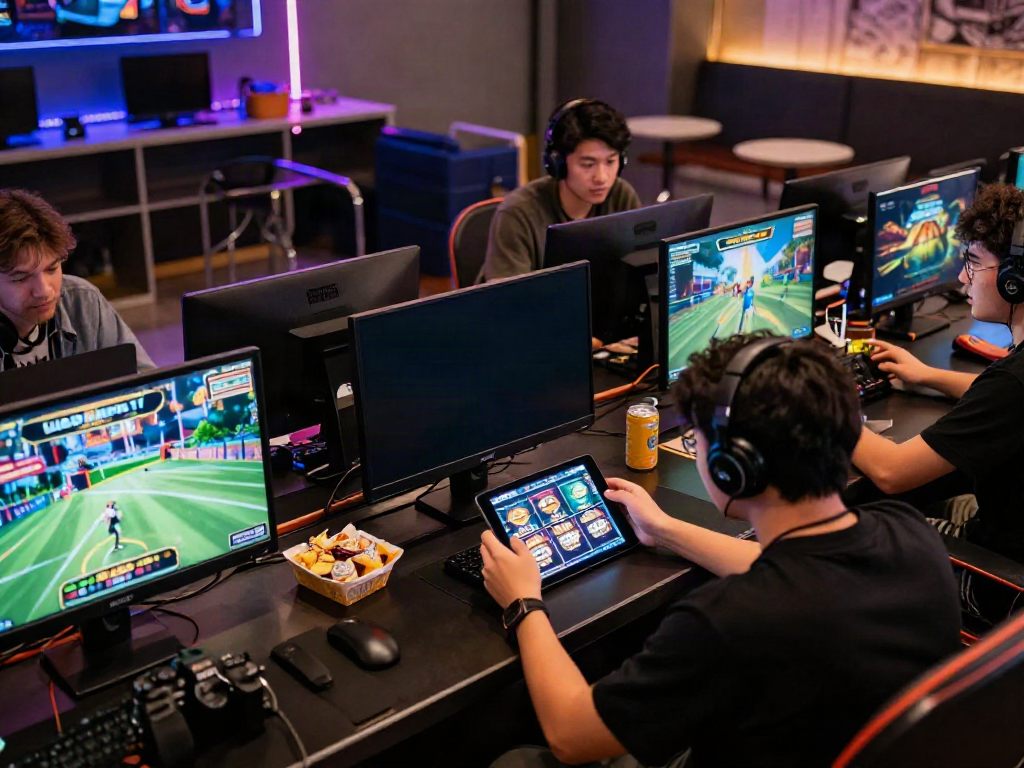 Gamers enjoying a vibrant online gaming experience with gem88 slots and sports betting.