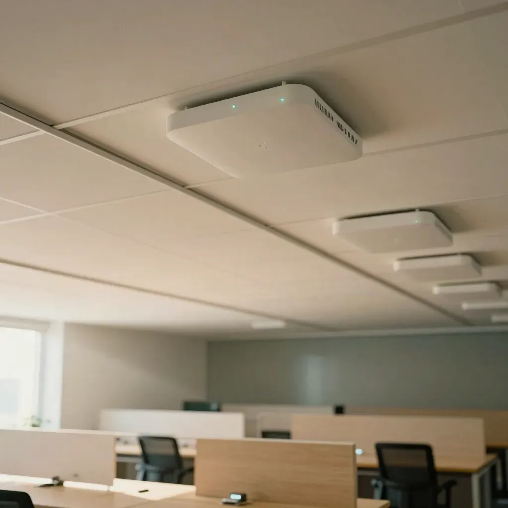 Ceiling Wi‑Fi access points in an airy office with neat cabling and warm daylight