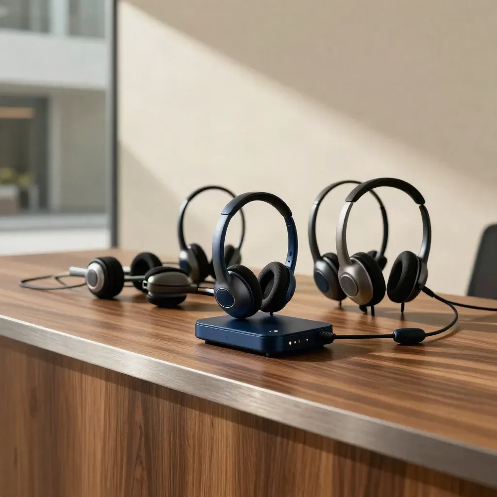 Clustered business handsets and headset dock on a walnut reception counter with deep navy accents