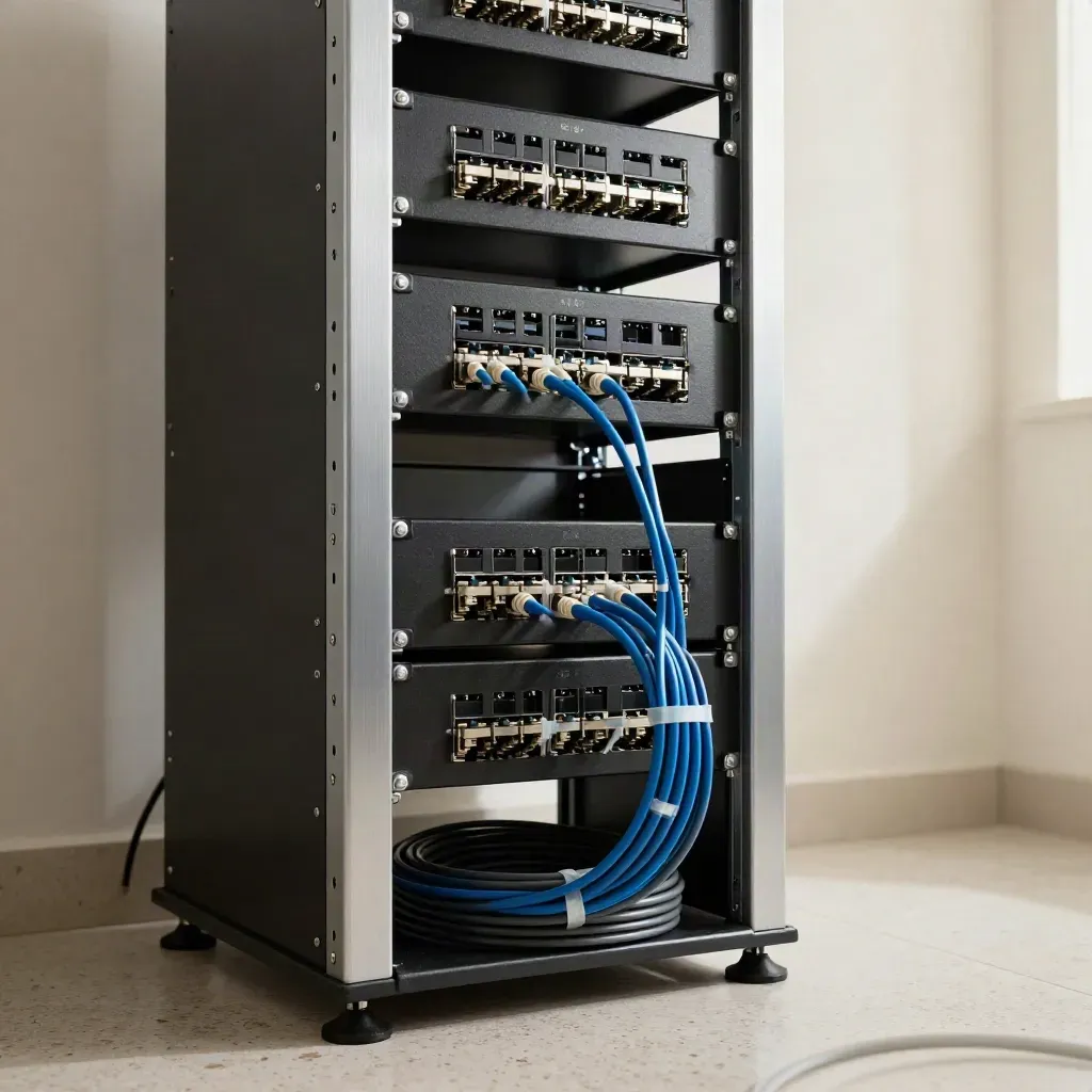 Close-up of a tidy comms rack with Cat6 cabling and patch panels in motion