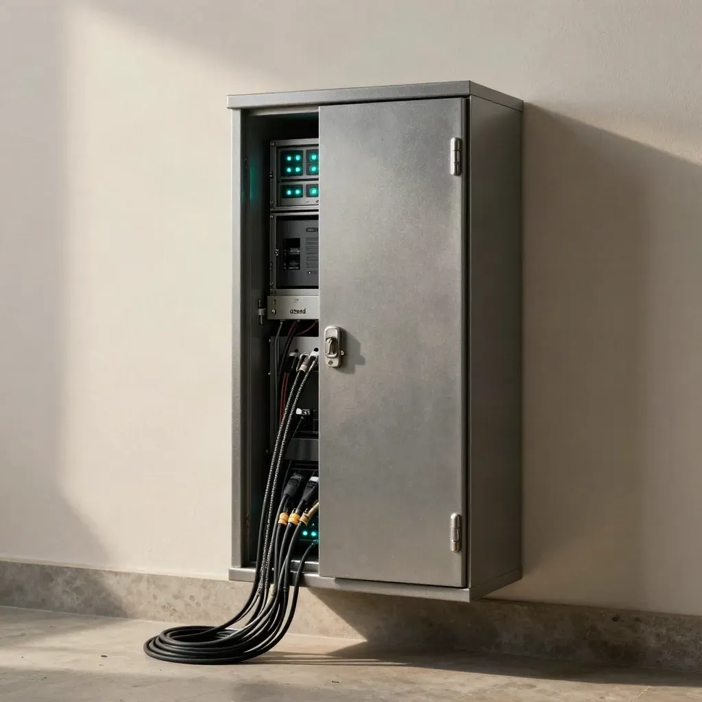 Locked firewall cabinet with teal lights and tidy patch leads by a wall run.