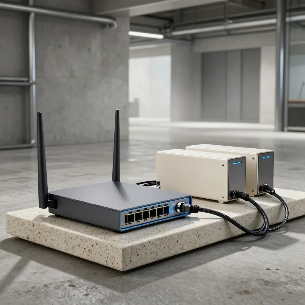 Router, fibre handoff box, and two mini gateways on stone plinths in a moody utility bay.