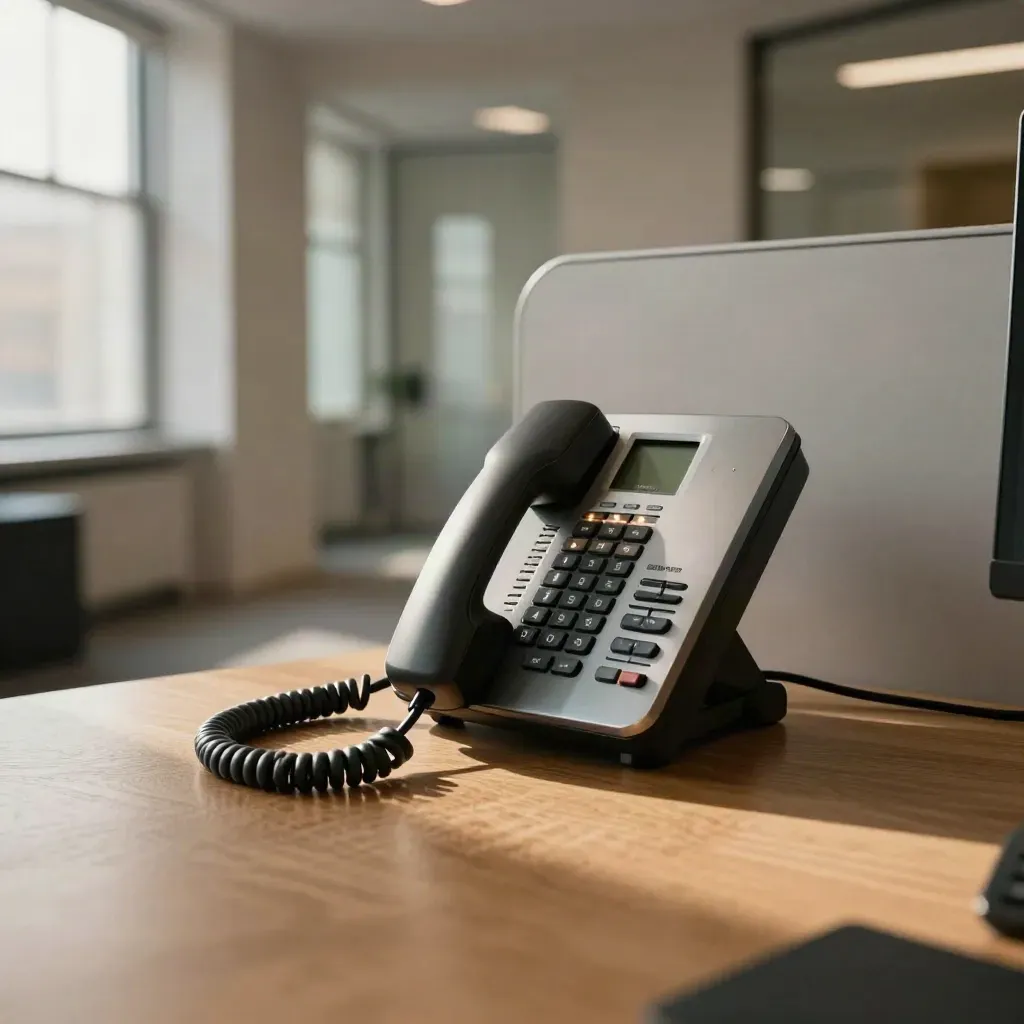 VoIP phone cluster on a warm oak desk in a quiet London office corner
