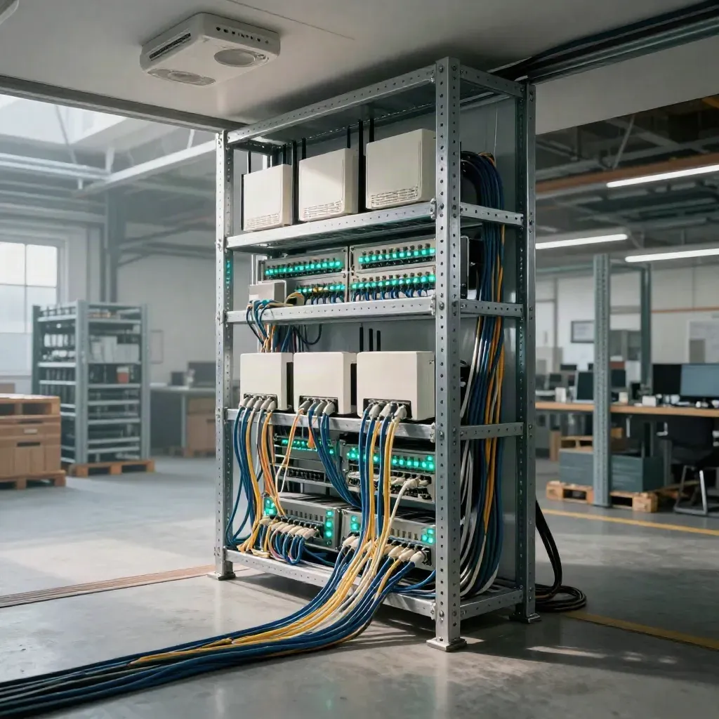 Ceiling Wi-Fi access points and routers spanning an office and warehouse, newly live