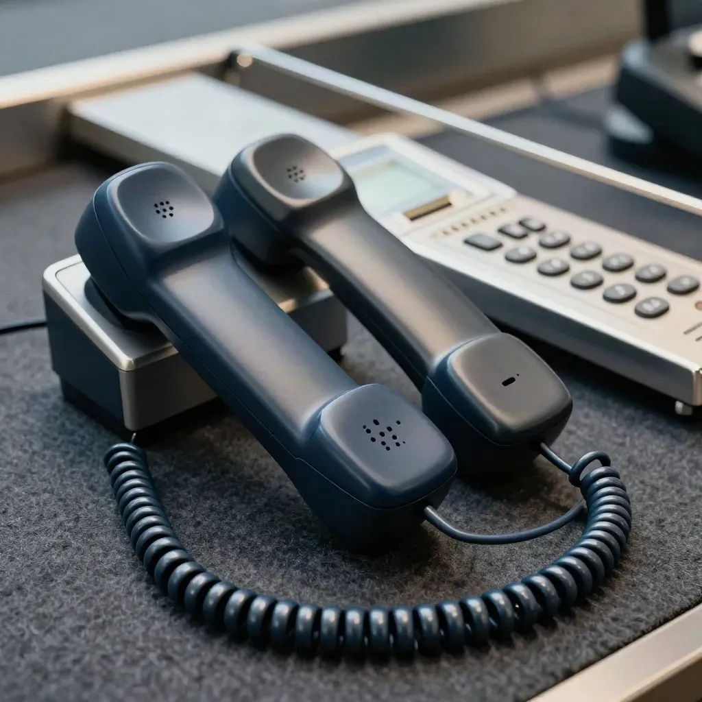 Desk handsets, test cradle and coiled cord on graphite felt in dramatic telecom light.