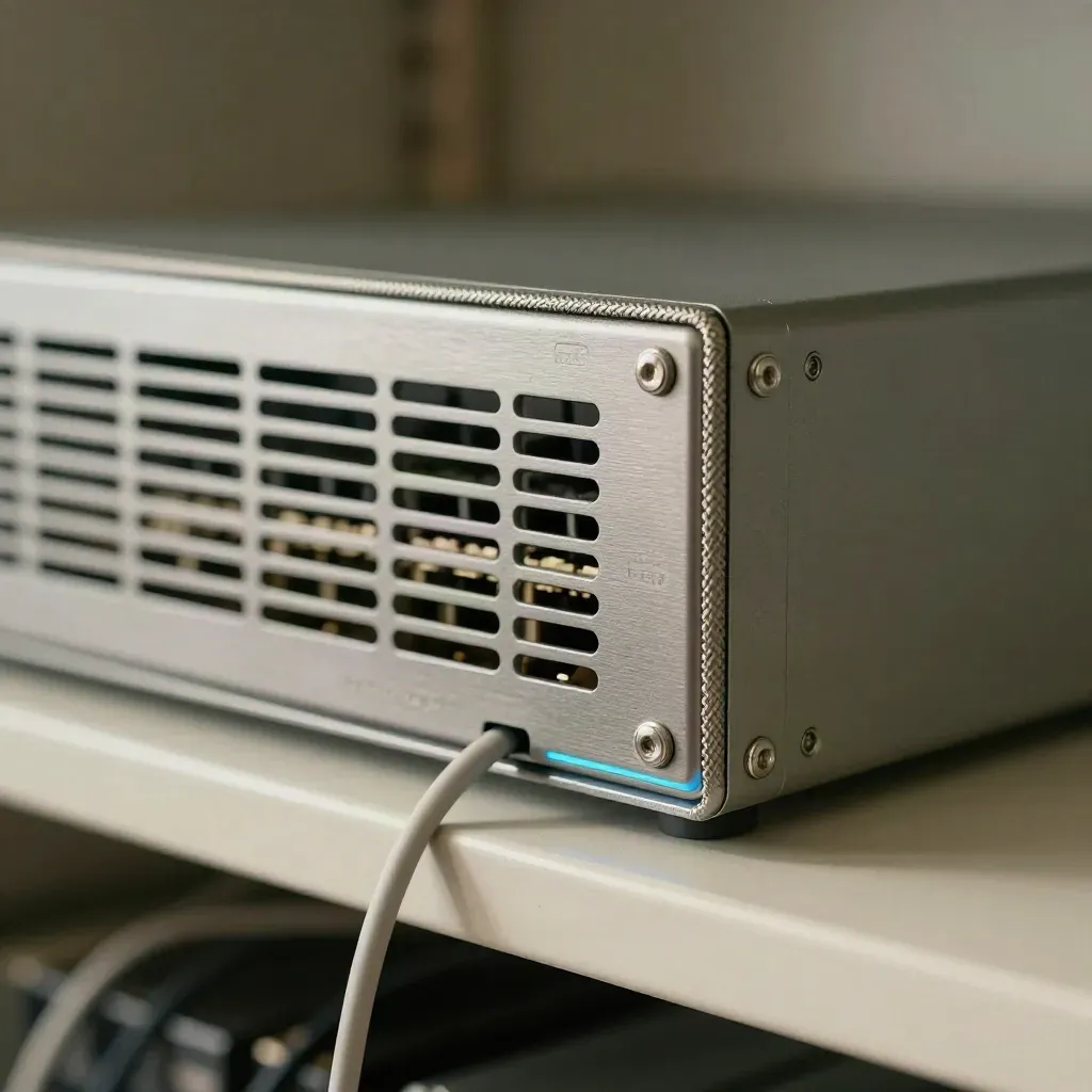 Macro of firewall hardware with vent grille, braided cable, and cool blue glints on brushed metal.