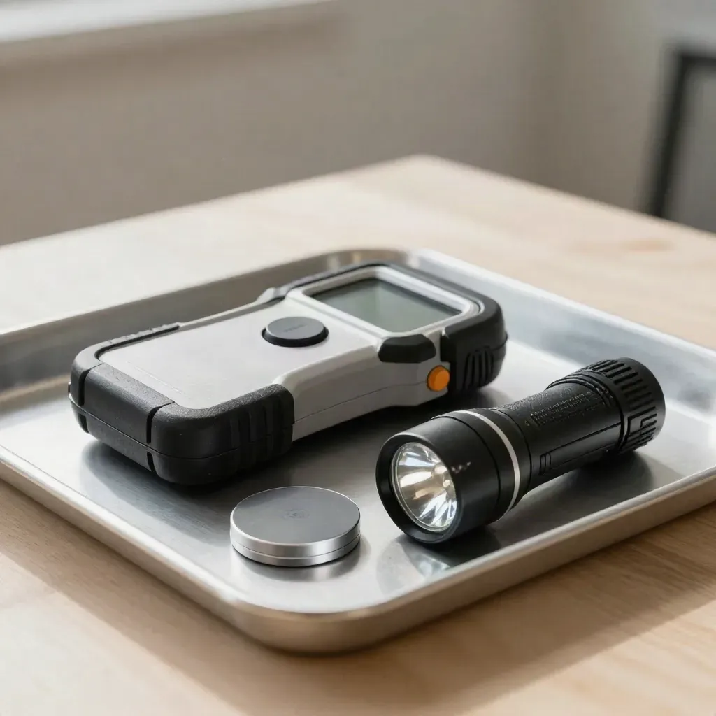 Top-down still life of a network tester, Wi‑Fi analyser puck and flashlight on pale wood