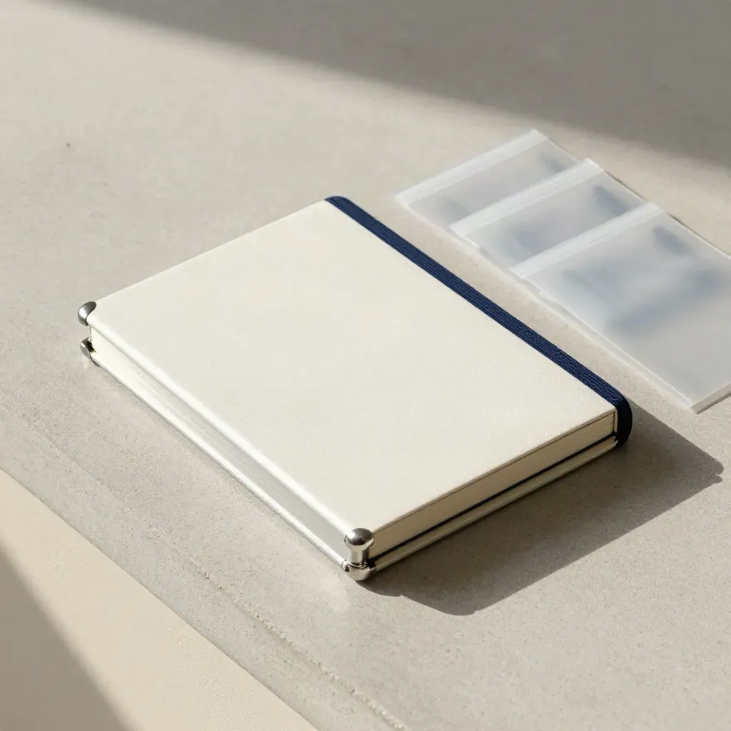 Overhead flatlay of a closed notebook, aluminium case, and bagged network modules on pale concrete.