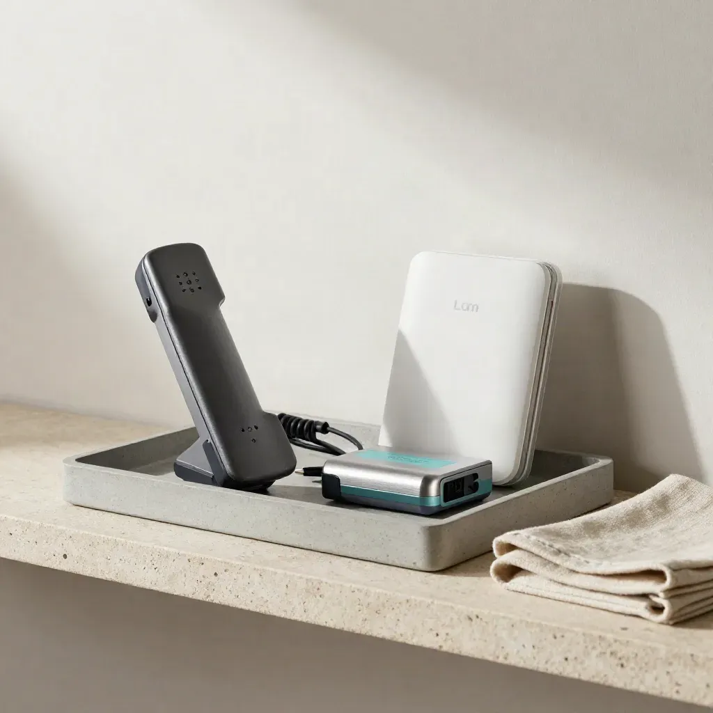 VoIP handset, access point, and support case staged on a concrete shelf with linen cloth.