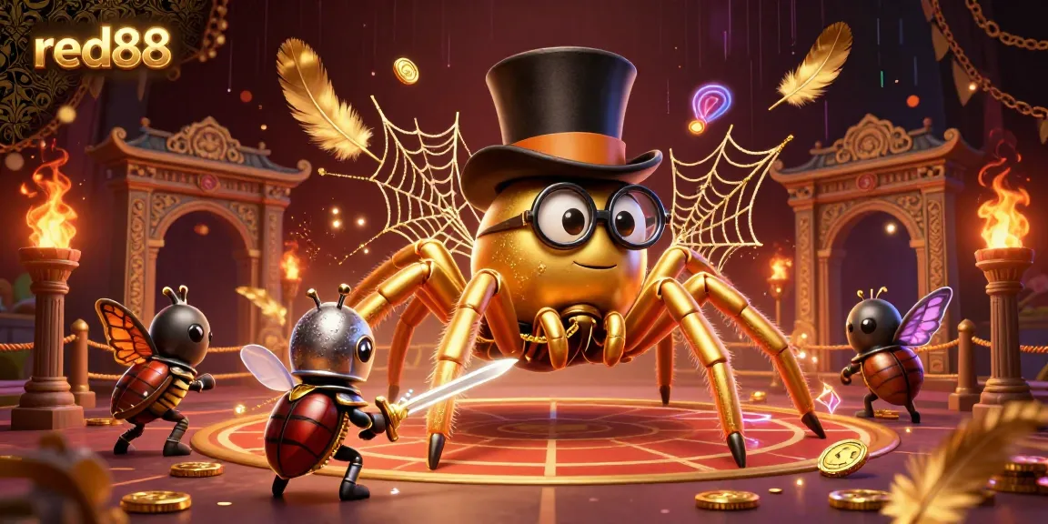 Engage in the vibrant world of red88 with dynamic characters and rich casino elements in this 3D illustration.
