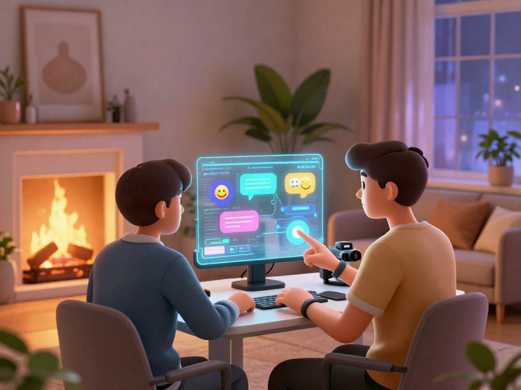Engaging AI sex chat interaction between avatars in a cozy digital room.