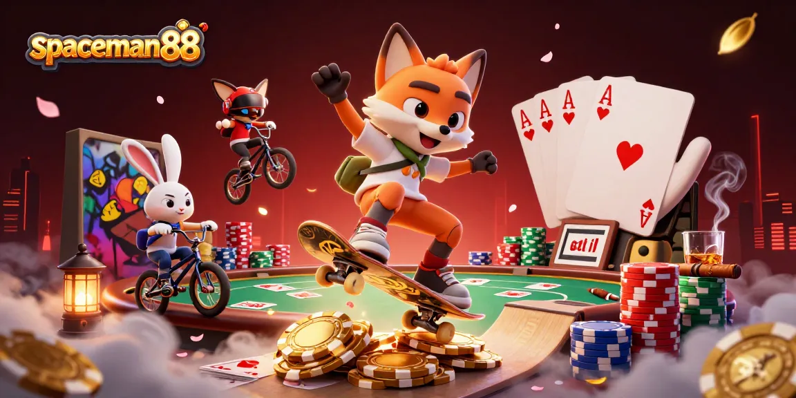 Experience the thrill of spaceman88 with vibrant gaming action and cartoon characters in a lively casino scene.