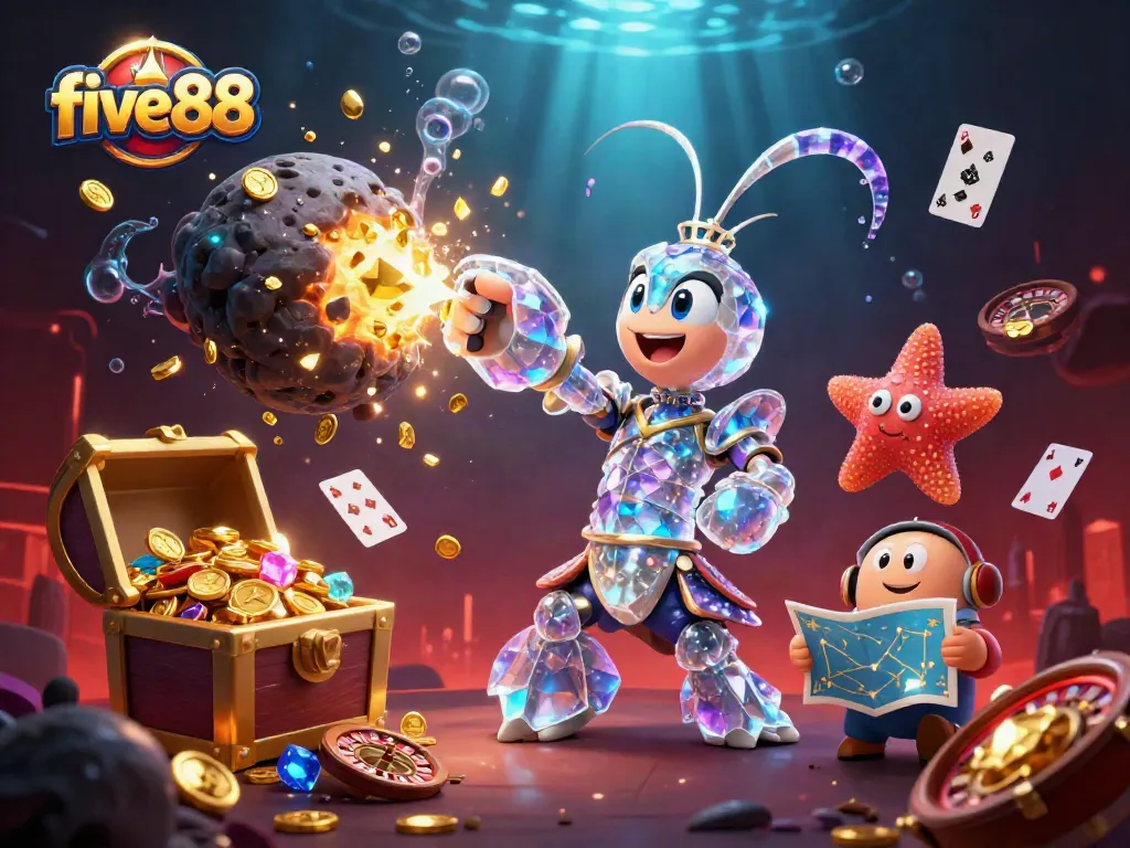 Experience excitement at five88 with galactic samurai and treasure atop a vibrant casino-themed background.